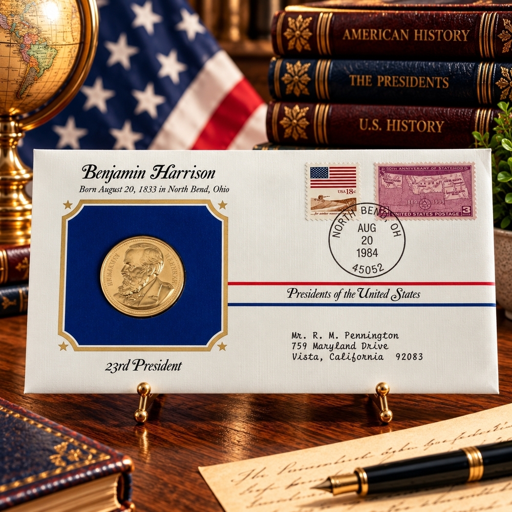 Benjamin Harrison 23rd President Postal Commemorative Society Gold Medal Cover